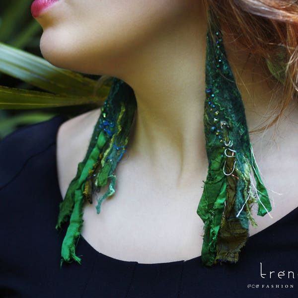 Felted recycled sari silk earrings, emerald green wool earrings, felt earrings, fair trade recycled jewelry, boho earrings, wearable art