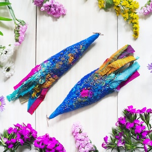 Rainbow earrings, felt recycled sari silk earrings, long earrings, tropical earrings, spring summer earrings, fair trade recycled earrings