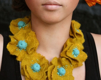 Felted yellow and turquoise poppy necklace, felt flower necklace, statement necklace, textile necklace, wool necklace, wearable art