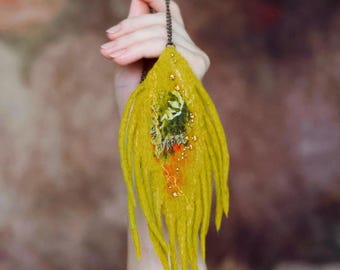 Artisan Felted Feather Pendant on Copper Chain: Boho Fiber Art Jewelry, Yellow Wool Necklace
