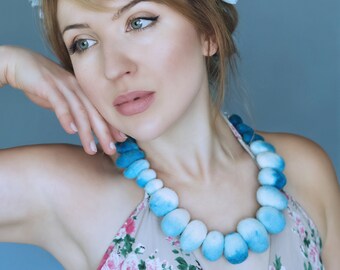 Bohemian felted necklace, wool felt watercolor necklace, gradient necklace, blue and white ombre necklace, spring summer handmade jewelry