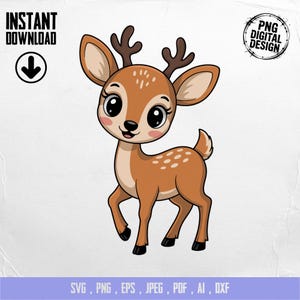 Può includere: Illustrazione di un cervo dei cartoni animati con grandi occhi, pelliccia marrone e piccole corna. Il cervo ha macchie bianche sulla schiena e guance rosa. Il testo sull'immagine dice "INSTANT DOWNLOAD" e "PNG DIGITAL DESIGN".