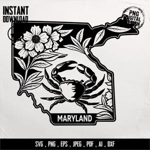 Maryland Crab Digital Design, State Flower svg, eps, jpg, pdf, Ai, dxf Files, Maryland Outline, Crab Illustration, Maryland Art