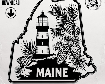 Maine SVG, Lighthouse, Pine Cone Digital Files, Instant Download, Vector Graphics, Cricut, Silhouette, Eps, Jpg, Pdf, Ai, Dxf