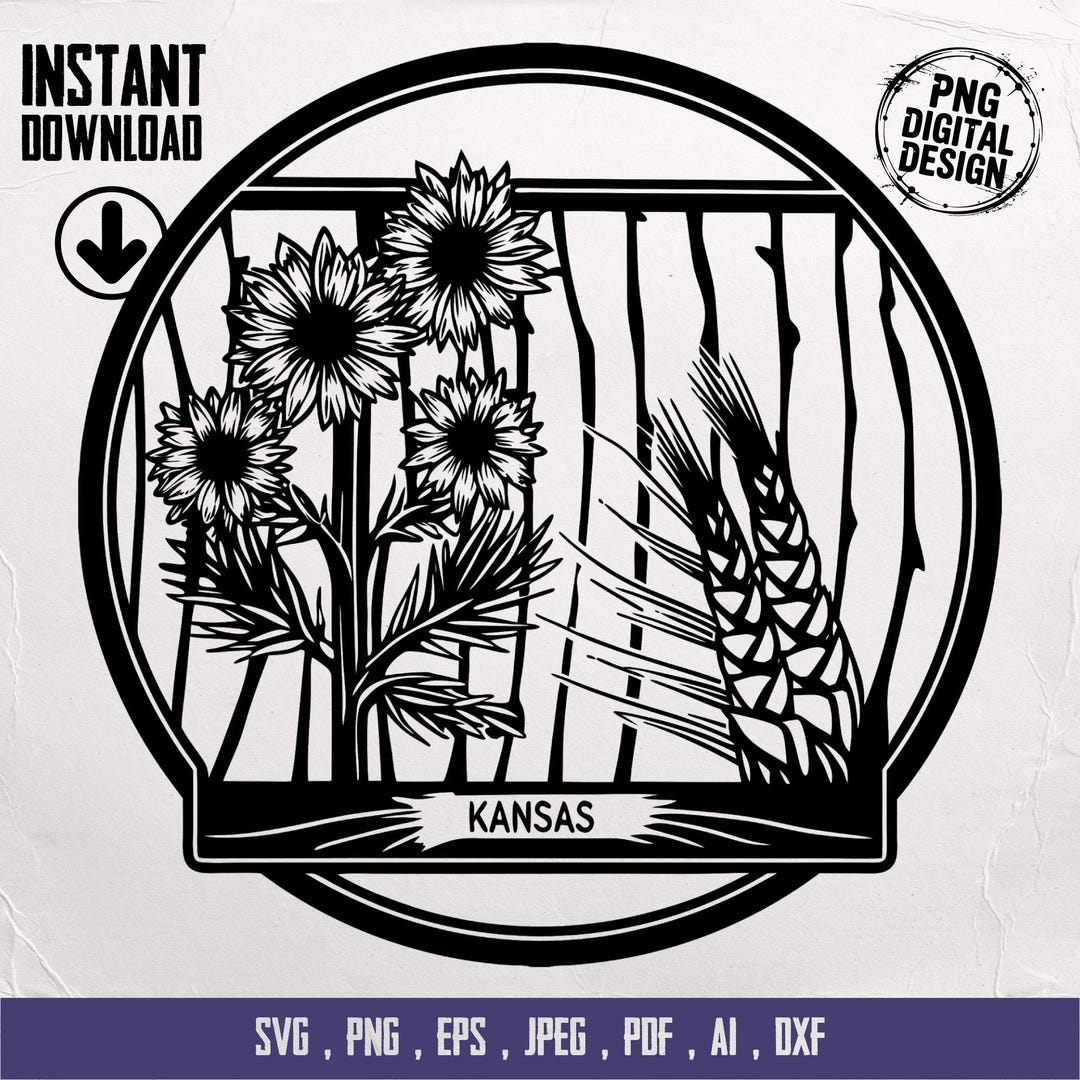 Kansas Flowers and Wheat Digital Art, Svg Png Eps Jpg Pdf Ai Dxf Files ...