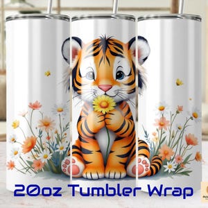 Cute Tiger Digital Tumbler Wraps PNG, Adorable Animal Floral Printable Design, Instant Download for Tumblers, Ready to Use