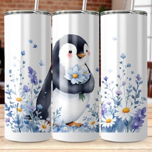 Penguin Flowers Digital Tumbler Wrap PNG, Cute Animal Tumbler Design, Floral Penguin Wrap, Spring Sublimation Template, Tumbler Gift Idea