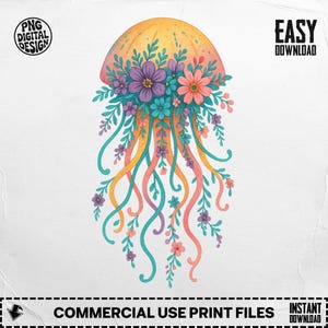 Floral Jellyfish Png, Jellyfish Clipart, Flower Png, Sea Png, Boho Jellyfish, Sublimation Png, Digital Download Png