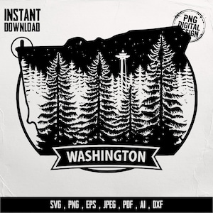 Può includere: Design digitale in bianco e nero con il contorno dello stato di Washington, una scena di foresta e la Space Needle. La parola "WASHINGTON" è visualizzata in un banner. Include il testo "INSTANT DOWNLOAD" e "PNG DIGITAL DESIGN".