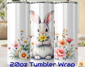 Bunny with Flowers Tumbler Wrap: Spring Animal Art (PNG Digital Download)