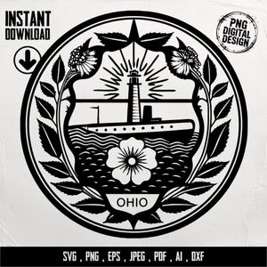 May include: Black and white digital design featuring a lighthouse, ship, and floral elements within a circular frame. The word "OHIO" is at the bottom. Text includes "INSTANT DOWNLOAD" and "PNG DIGITAL DESIGN". File formats: SVG, PNG, EPS, JPEG, PDF, AI, DXF.