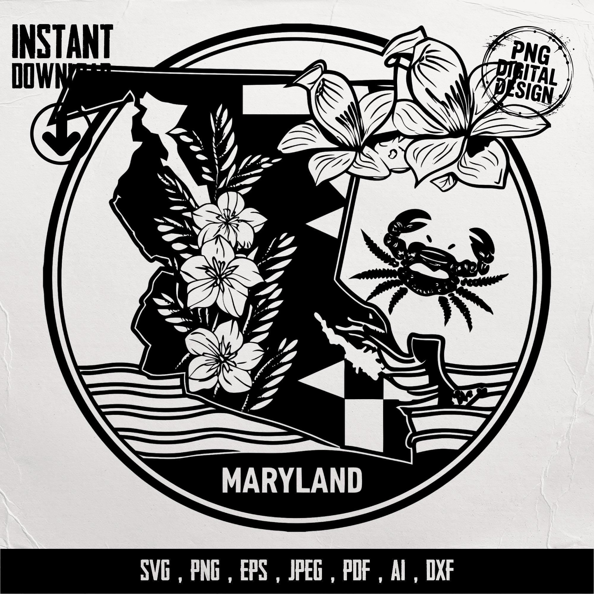 Maryland State Digital Design, Crab, Flowers, Maryland svg, eps, jpg, pdf, ai, dxf, Cricut, Silhouette, Vector Graphics, Instant Download