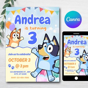 Blue Dog Birthday Invitation: Editable Kids Party Invite (Digital)