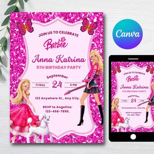 Glitter Pink Fashion Doll Birthday Invitation: Pink Princess Evite (Canva Template)