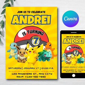 Poke Mond Birthday Invitation Template, Pika Party Invite, Digital Pokemone Invitation Card, Pickachu Invite Party Template, Yellow Pika-Chu