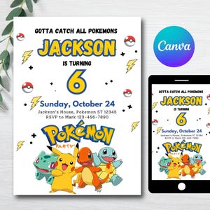 Poke Mond Birthday Invitation Template, Pika Party Invite, Digital Pokemone Invitation Card, Pickachu Invite Party Template, Yellow Pika-Chu