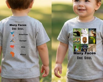 Muitas Faces Uma Alma - Design Infantil | Mapa Mundi com Animais - Camiseta Infantil (Download Digital)