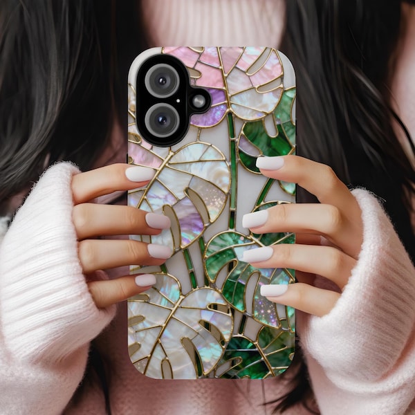 Funda para iPhone con vitrales y hojas de monstera / Funda MagSafe moderna para celular / Regalo elegante para amantes de las plantas