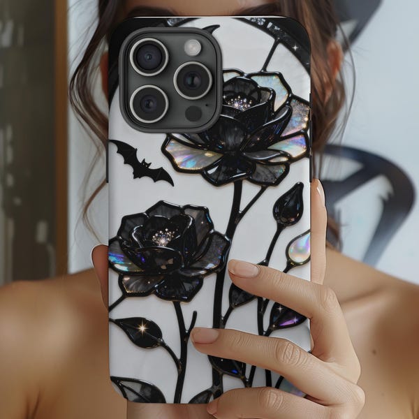 Stained Glass Floral Black and White Gothic Rose Cell Phone Case MagSafe Wireless iPhone Cover