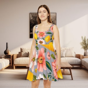 Womans Summer Dress, Floral Lemon Print Skater Dress, Perfect for Summer Events, Casual Wear, Beach Days, Garden Parties, Spring Outfit