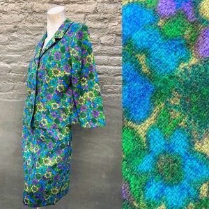 Vintage 60s Perky Fun Mod Blue Purple Olive Green Floral Mini Skirt Suit  medium