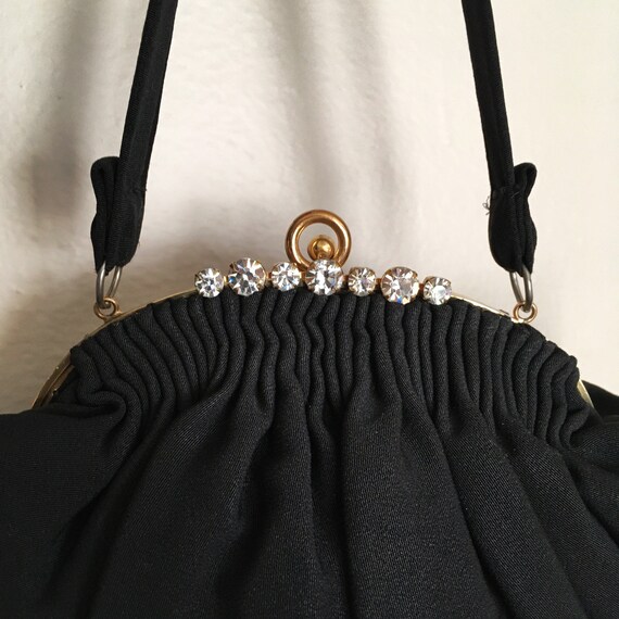 Vintage 30s Black Crepe Purse with Rhinestones - image 4