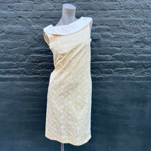 Vintage 60s Yellow Embroidered Shift Dress with White Cowl Neckline  small medium