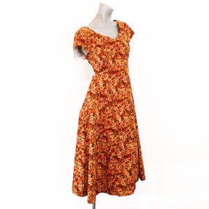 Vintage 60s 70s Atomic Print Burnt Orange and Yellow Cotton Circle Skirt Dress  medium