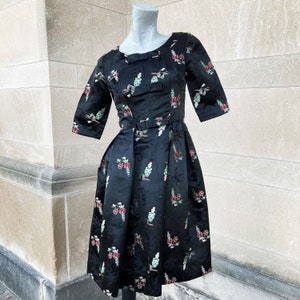 Vintage 60s Black Satin Asian Inspired Mini Cocktail Dress  small extra small