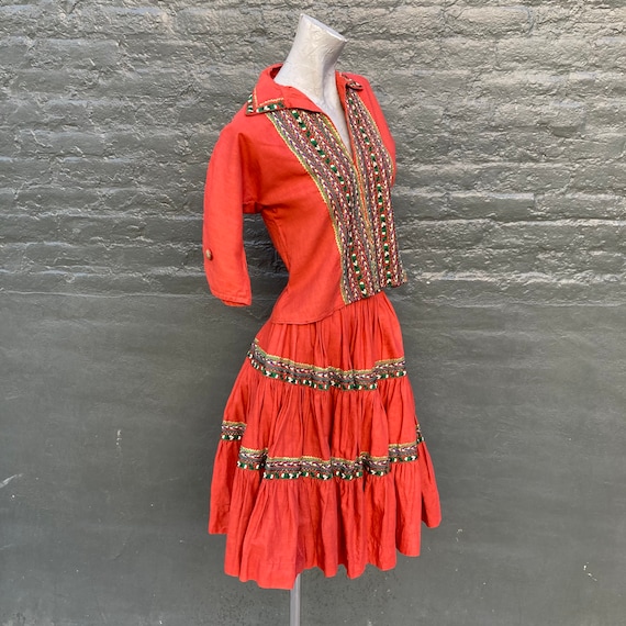 Vintage 50s Boho Chic Orange Cotton Skirt Set  ex… - image 1