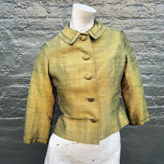 Vintage 60s Grace Kelly Avocado Green Silk Jacket 