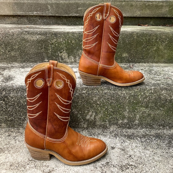 Vintage 70s Chestnut Brown Leather Cowboy Boots size … - Gem