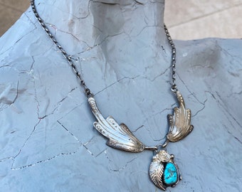 Vintage 60s 70s Mexican Silver Leaf Necklace with Turquoise