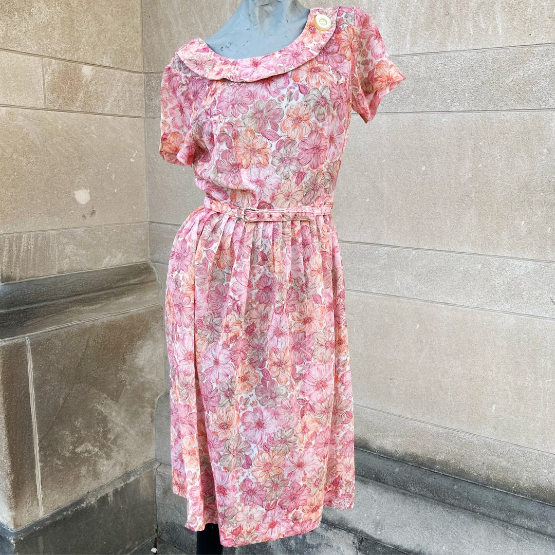 Vintage 50s Pink Cotton Organza Dress With Flowers - Etsy