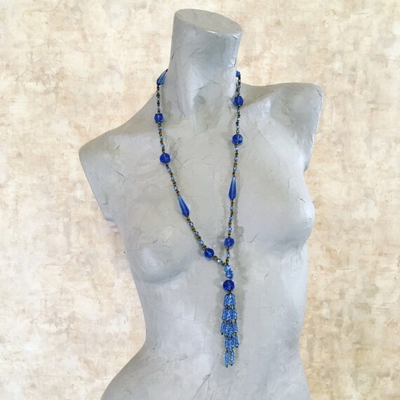 Vintage Blue and Gold Beaded Lariat Necklace - image 2