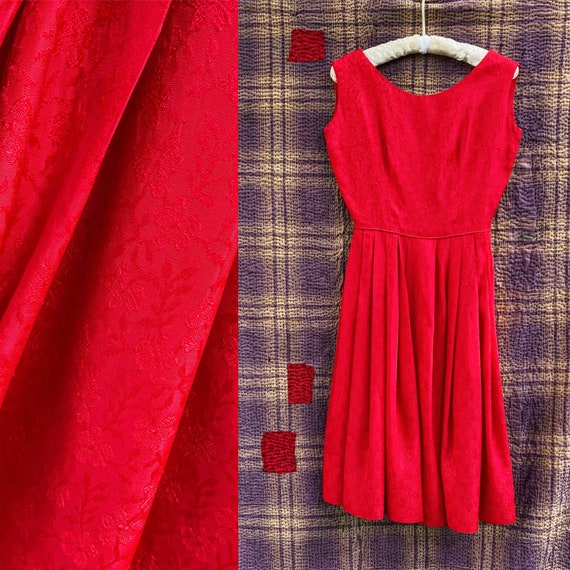 Vintage 50s Lush Red Brocade Dress  extra small - image 1