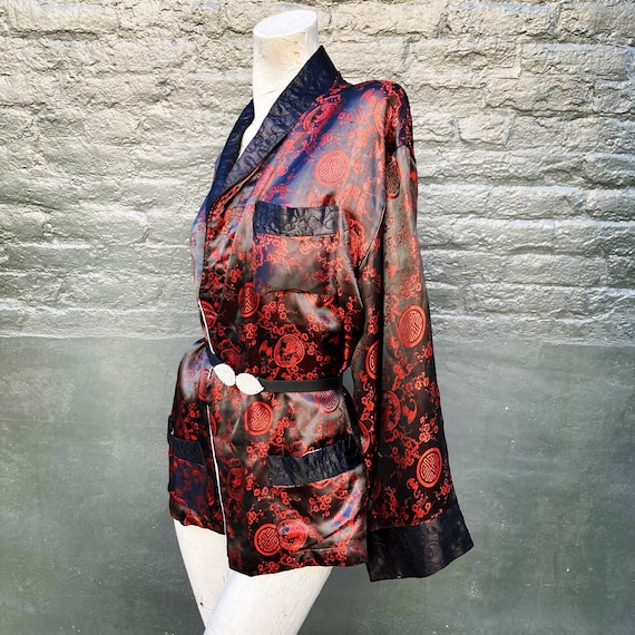 Vintage 50s Asian Inspired Red and Black Satin Sm… - image 5