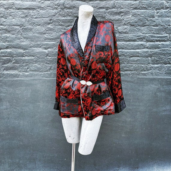 Vintage 50s Asian Inspired Red and Black Satin Sm… - image 2