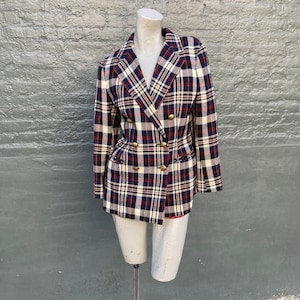 Vintage 80s Red Black and White Plaid Blazer  small medium
