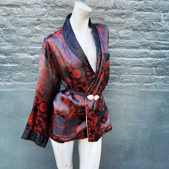 Vintage 50s Asian Inspired Red and Black Satin Sm… - image 7