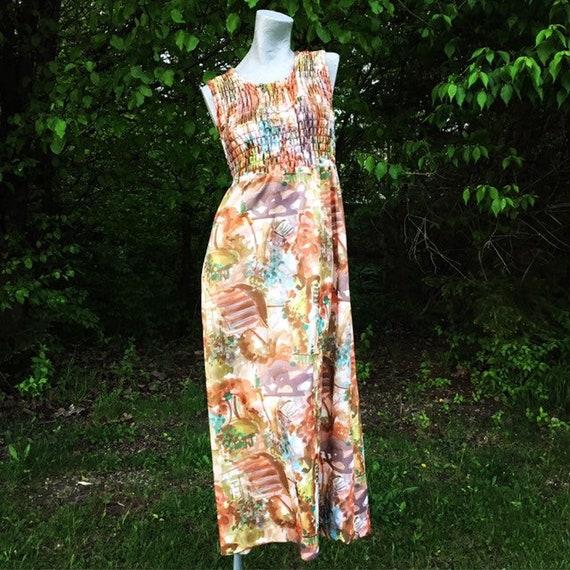 Vintage 60s Atomic Print Maxi Dress in Blue Orang… - image 3