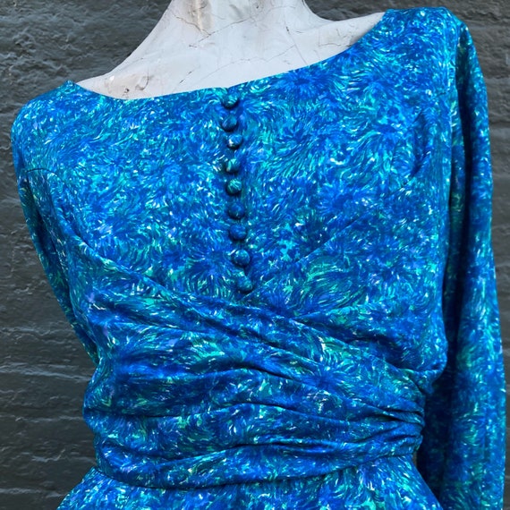 Vintage 60s Watercolor Silk Dress in Blue Purple … - image 5