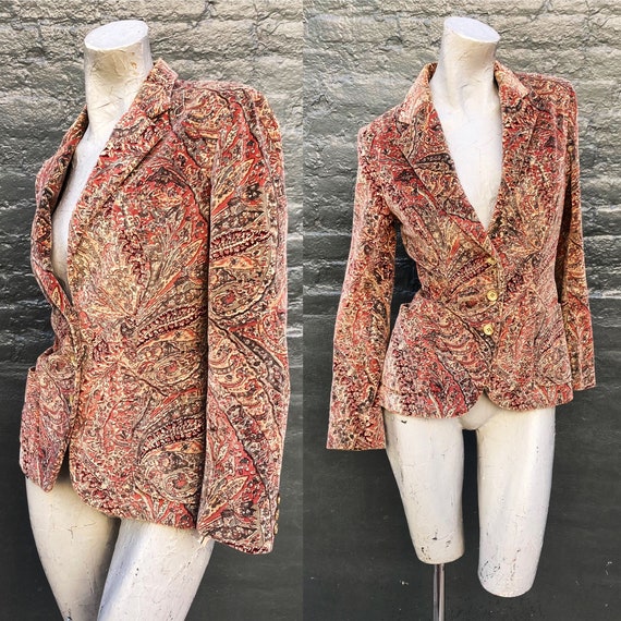 Vintage 70s Brown Paisley Cotton Velvet Jacket  s… - image 1