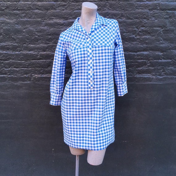 Vintage 60s Blue and White Gingham Shift Mini Dres