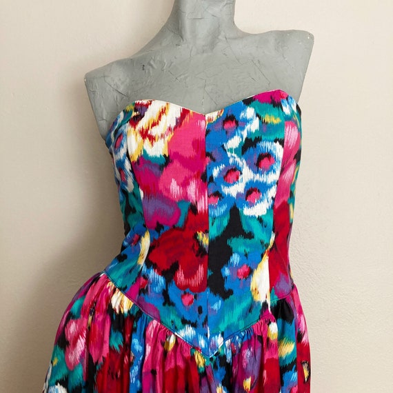 Vintage 80s Mod Tropical Strapless Sundress in Pi… - image 3