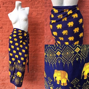 Vintage Elefante Sarong Wrap in Navy Blue Giallo e Bianco Cotone piccolo medio grande