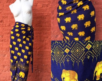 Vintage Elephant Sarong Wrap in Navy Blue Yellow and White Cotton  small medium large