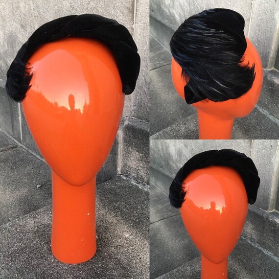 Vintage 50s Graceful Sweeping Black Velvet and Fea