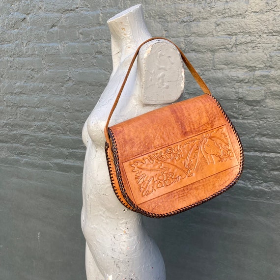 Vintage 60s Chestnut Brown Hand Tooled Purse with… - image 10