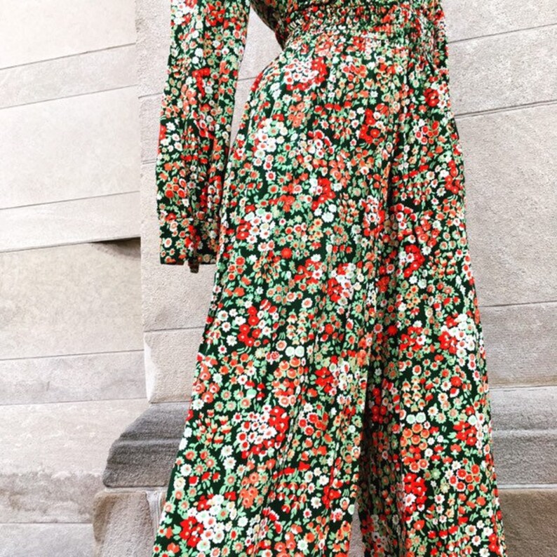 Vintage 70s Green Orange and White Palazzo Pants and Shirt Blouse Set small medium